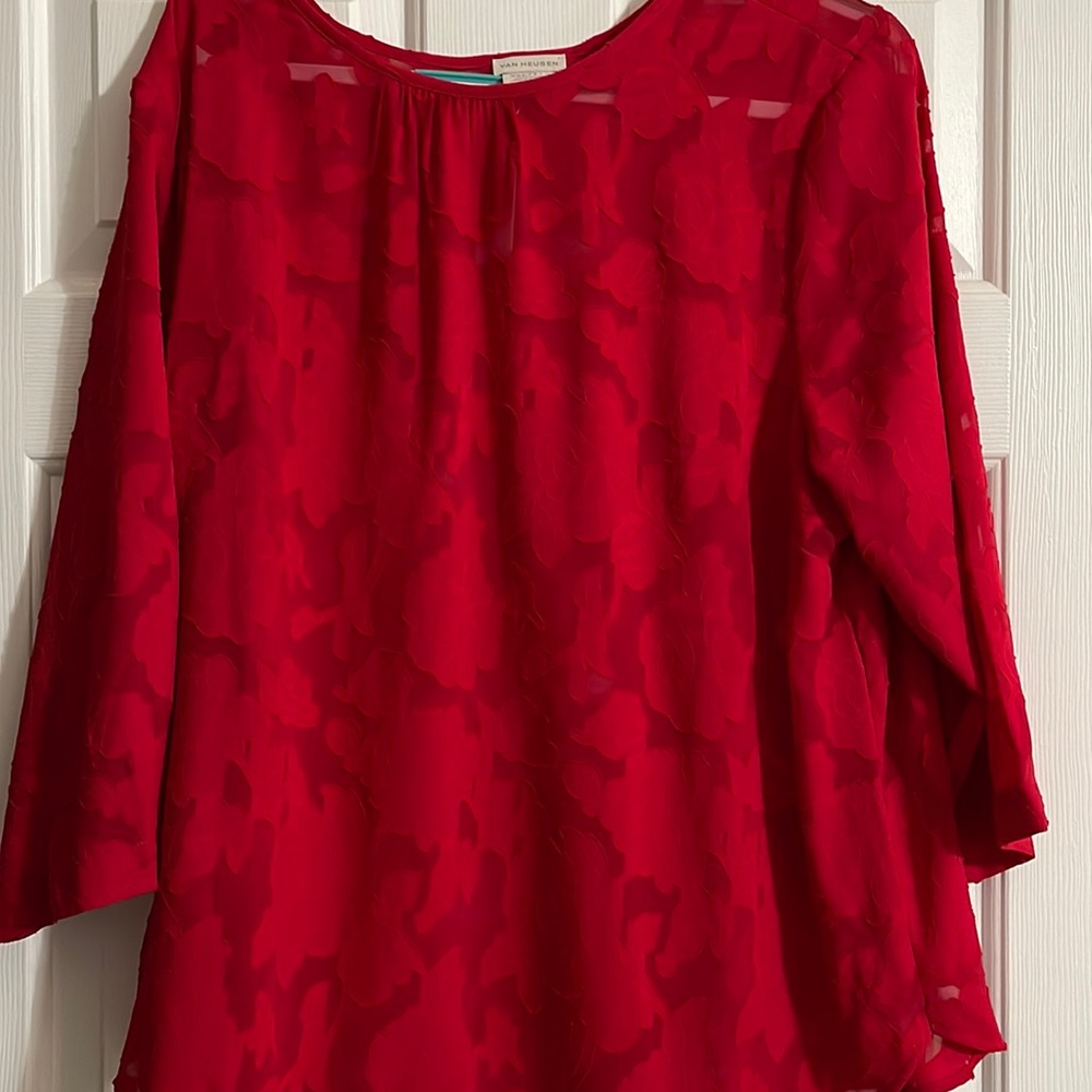 Van Heusen women’s red leafy pattern sheer top
